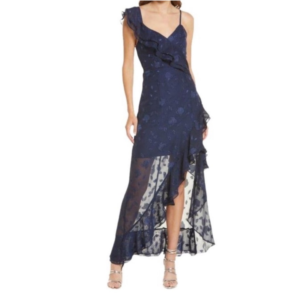 lulus Forever Be Navy Blue Floral Jacquard Ruffled Maxi Dress XS